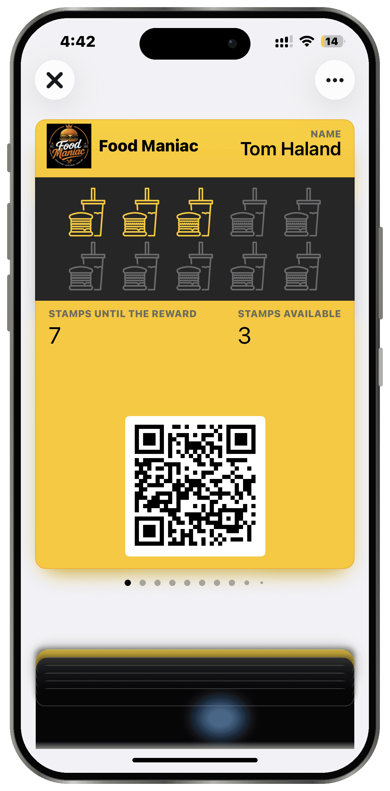 Stamp card shown in Apple Wallet on an iPhone
